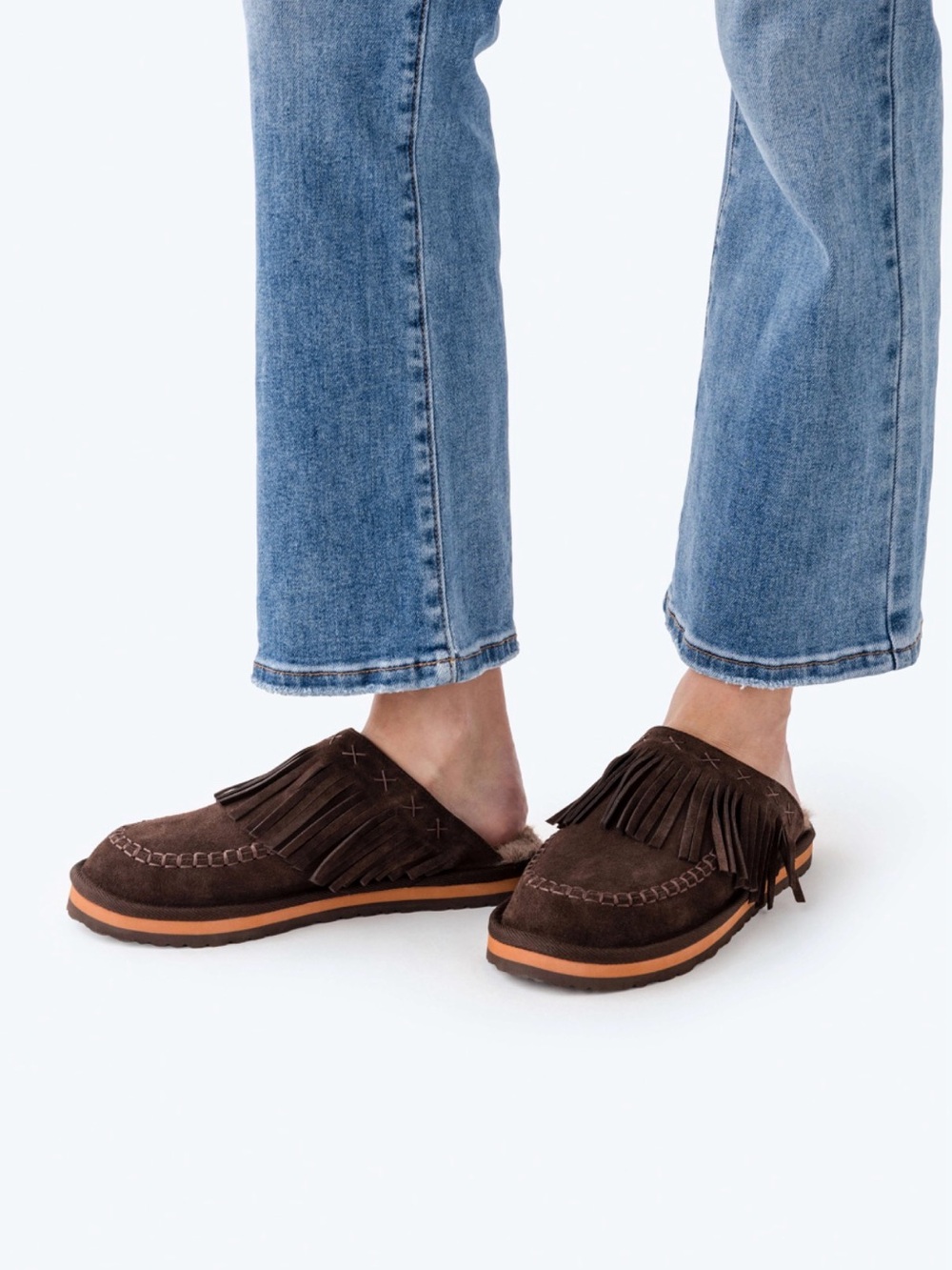 NIB Free People Fallon Fringe Mule Clogs Chocolate Suede Shearling Size 8 - Picture 2 of 5